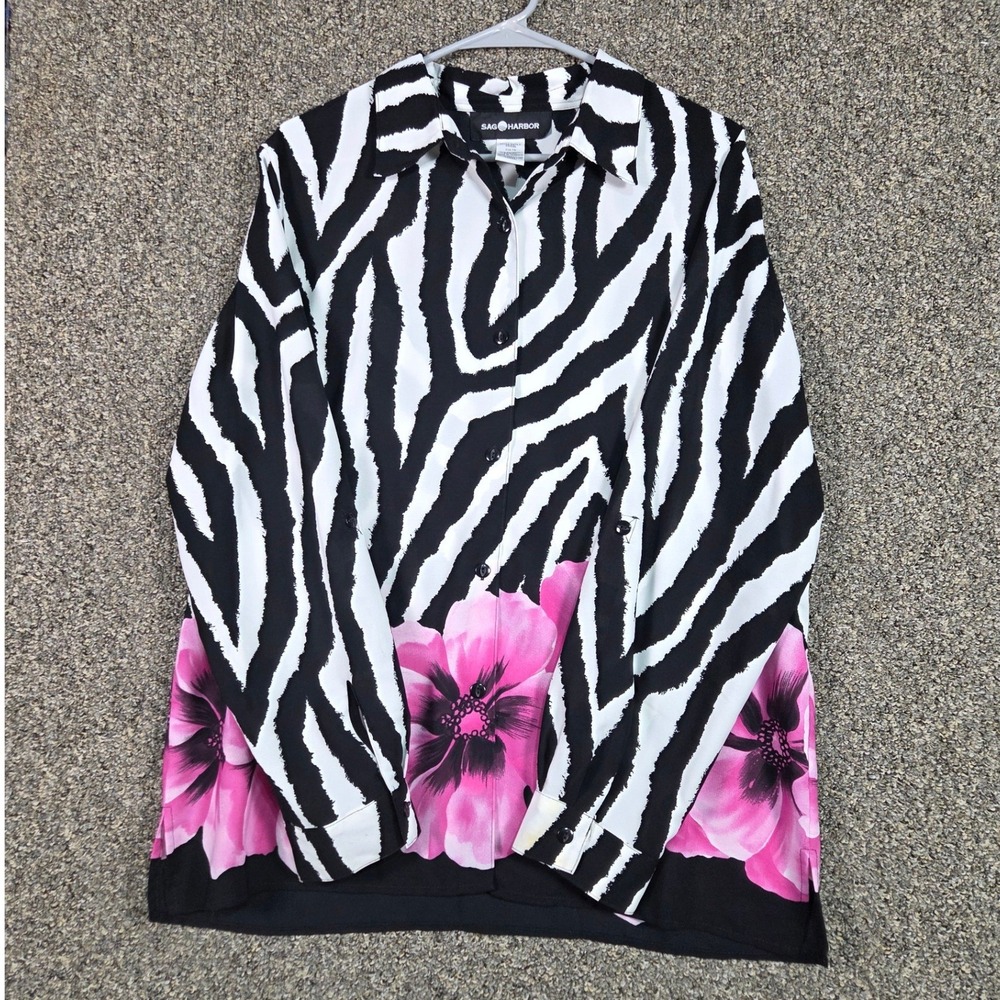 Sag Harbor Button Down Shirt Womens 14 Black White Zebra Pink Floral S53520 - Picture 2 of 7